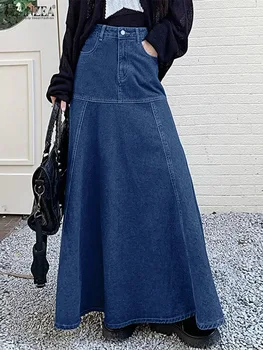 2024 Yaz ZANZEA Kadınlar Denim Uzun Etek Moda Yüksek Bel Jupe Rahat Patchwork A-line Maxi Etek Zarif Wrap Uzun Faldas