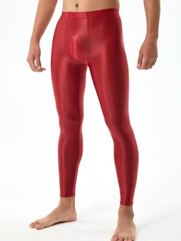 Seksi Erkekler Elastik Yağ Parlak Sıkı kalem pantolon Şekillendirme Legging Şeffaf See Through Kapriler Nefes Egzotik Pantolon Şeker Renk