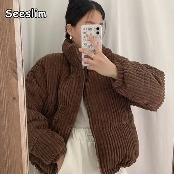 Seeslım Sonbahar Kış Sıcak Ekmek Elbise Kadın Parkas Katı Kore Moda Pamuk-yastıklı Ceketler Dış Giyim Fermuar Chic Mont