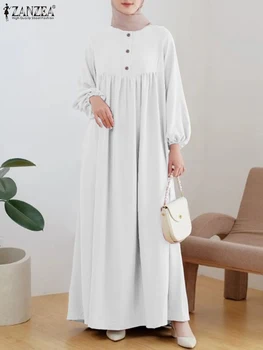 2024 ZANZEA Kadınlar müslüman çarşaf elbise Vintage O Boyun Uzun Kollu Sonbahar İslam Giyim Moda Katı Dubai Türkiye Maxi Sundress