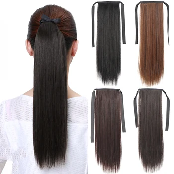 Uzun Düz At Kuyruğu Uzantıları Bağları İle Doğal Görünümlü sentetik saç uzantıları Kadınlar Kızlar İçin saç aksesuarları