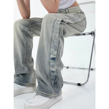 Yüksek Sokak Yıkanmış Kot Harajuku Streetwear Moda 2023 Yaz Düz Tüp Ekleme Baggy Geniş bacak Sonbahar Pantolon Pantolon