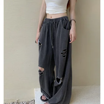 Kore Moda Yeni Duman Gri Düz Pantolon Vintage Yüksek Bel Geniş Bacak Pantolon Rahat Sokak Baggy Anlamak Pantolon Bayanlar Yaz