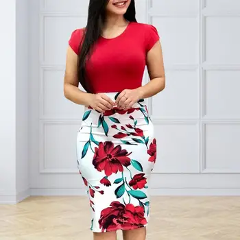 Kadın yaz elbisesi Slim Fit Kısa Kollu Yuvarlak Boyun Renk Blok Çiçek Baskı Diz Boyu Bayanlar Parti Zarif Elbise