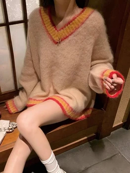 2023 Kış Vintage Örme Kazaklar Kadınlar V Boyun Seksi Kore Moda Y2k Zarif Üstleri Kadın Gevşek Sıcak Retro Kazak Giyim