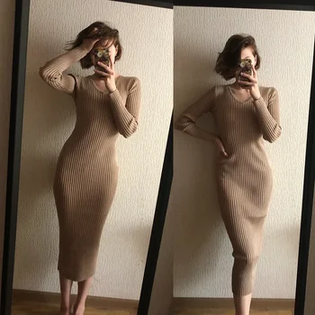 Kadın Sonbahar Örme Elbise V Boyun Seksi İnce Elastik Büyük Boy Temel Bodycon Kazak Elbise Kış örgü Sıcak uzun elbise
