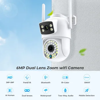6MP 4K PTZ WİFİ Kamera Açık ev Gözetim IP CCTV Çift Lens Renkli Gece Görüş Otomatik İzleme Güvenlik Koruma iCSee
