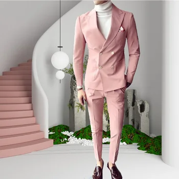 Pembe Moda Takım Elbise Ceket Pantolon İle Klasik Tasarım slim fit uzun kollu erkek gömlek İki Adet Giyim İş Düğün Damat Blazer Resmi Terno