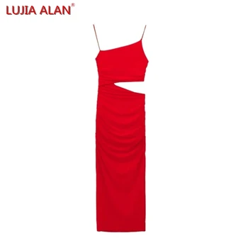 Yaz Yeni kadın Açılış Tasarım Pilili Ince Örgü Askı elbise Kadın Rahat Kırmızı Midi Vestidos LUJİA ALAN WD2382