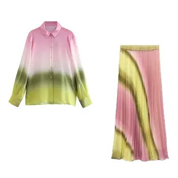 2023 Kadın Baskılı Etek Seti Uzun Kollu Gömlek Yaka Kravat Boya Bluz Tops + Yüksek Bel Pilili Etekler Kadın Streetwear Seti