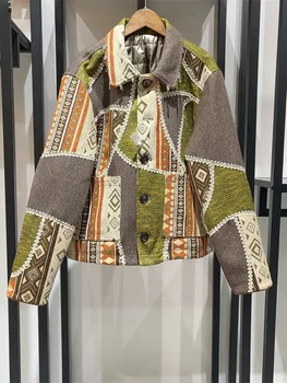 Ceket Kadınlar için 2023 Yeni Sonbahar Kış Renk Patchwork turn-aşağı Yaka Tek Göğüslü Vintage Uzun Kollu Ceket