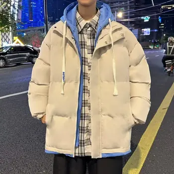 Kore Moda Sahte Iki Parçalı kapüşonlu parka Ceketler Erkekler Casual Kalınlaşmak Sıcak Kış Lüks Dolgu erkek Soğuk Pamuk Aşağı palto