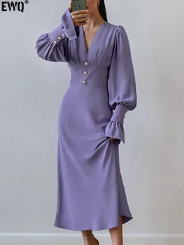 [EWQ] Zarif Fener Kollu Şifon uzun elbise kadın Bel Sarma Haki Mor A-line Elbiseler 2024 İlkbahar Sonbahar 16U7368