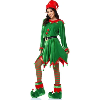 Kadın noel kıyafeti Elf Kostüm Sevimli Kontrast Renk Yuvarlak Boyun Uzun Kollu Elbise Şapka Çizme Kemer Çorap Noel Giysileri