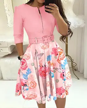 Elbiseler Kadınlar için 2023 Sonbahar Yeni Moda Zarif Çiçek Baskı Colorblock Fermuar Tasarım rahat elbise Kemer ile Kadın Giyim
