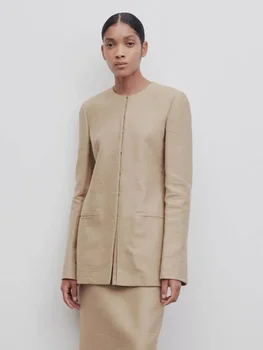 Takım elbise Ceket Kadın İlkbahar / Yaz Yakasız İngiliz Tarzı Rahat Uzun Kollu Üstleri Pamuk Keten Takım Elbise Lüks Kalite.