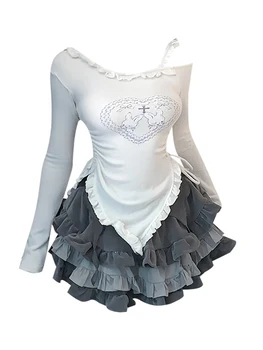 Kadınlar 2000s Kpop Gyaru Kawaii Japon Y2k Coquette Kıyafetler 2 Parça Set Uzun Kollu Mahsul Tops + CutecoreA-line Mini Lolita Etek