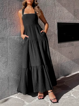Kadın Yaz Halter Bohemian Maxi Elbise Casual Kolsuz Katı Kapalı Omuz Salıncak Önlüklü Katmanlı Seksi Uzun Sundress ile