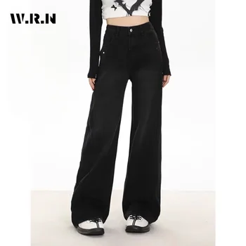 Kadın Retro Y2K Moda Düz Vintage Yüksek Bel Kot Tam Boy Yüksek Sokak Tarzı Pantolon Geniş Bacak Baggy Kot Pantolon