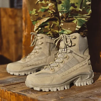 Erkekler Kış Avcılık Çizmeler Bej Su Geçirmez Askeri Taktik Marines Orman Avcılık trekking ayakkabıları Deri bileğe kadar bot Alan Comba