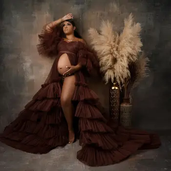 Lüks Bordo balo kıyafetleri Hamile Kadınlar için Annelik Photoshoot Elbisesi Katmanlı Ruffles İmparatorluğu Tarzı Parti Vestido De Novia