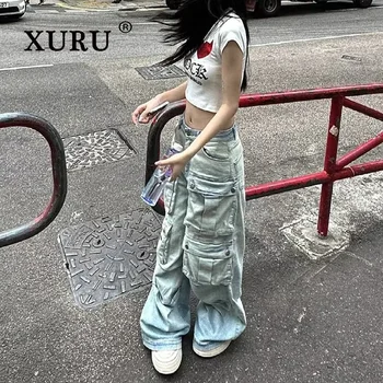 XURU-Avrupa ve Amerikan Yeni Çok Cep Gevşek Kot kadın Giyim, cep İş Pantolonu Geniş Bacak Sokak Kot K27