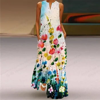 Çiçek Elbise Kadın Moda Parti Abiye Çiçek Baskı Elbise Uzun Elbise Casual Vestidos Maxi Lüks Etnik Sundress Plaj