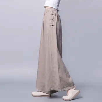 Kadın İlkbahar / Yaz 2023 Yeni Geniş Bacak Pantolon Pamuk ve Keten İnce Örtü Yüksek Bel Nefes Gevşek Kırpılmış Pantolon Büyük Bacak Pantolon
