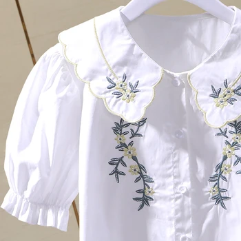 Pamuk Nakış Polo Tarzı Gömlek kadın Çiçeği Kollu Tatlı Casual Bluz Üst 2023 Yaz Yeni Moda