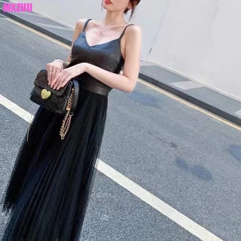 Kadın yaz elbisesi Gerçek Deri Siyah Askı Uzun Etek Dikiş Örgü Büyük Salıncak V Yaka Koyun Derisi A-Line Vestido Feminino
