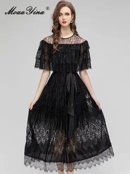 MoaaYina Sonbahar Moda Pist Siyah Vintage Dantel Elbise Kadın O Boyun Kısa Kollu Fırfır Frenulum Toplanan Bel Ince uzun elbise