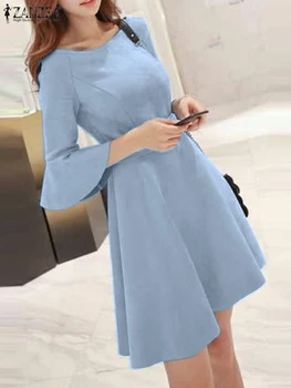 ZANZEA Ofis Bayan Tatil Katı Elbise Ruffled Mini Elbise Kadınlar Yuvarlak Boyun 3/4 Parlama Kollu Vestidos 2023 Sonbahar Moda Elbiseler