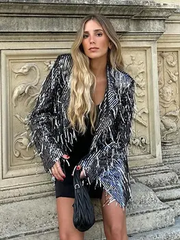 Şık Gümüş Payetli Saçak Blazer Kadınlar İçin Zarif Yaka Uzun Kollu Düğme Sabitleme Ceket 2024 Moda Bayan Yüksek Streetwear