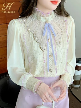 H Han Kraliçe Bahar Bluzlar Kore Şık Yay boncuk şifon bluz İş Casual Tops Basit Dantel Nakış kadın Vintage Gömlek