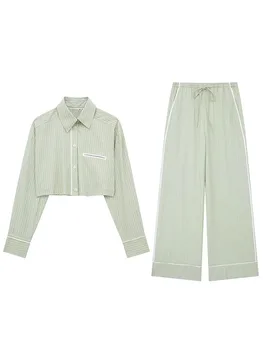 TRAF 2023 Yaz Yeni Kadın Moda Gömlek Seti Poplin Cep Uzun Kollu Düğme Kırpılmış Üst Rahat Çizgili Pantolon