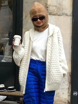 Sonbahar Kış Rahat Fermuar Y2k Kapşonlu Hırka Kadın Kore Katı Örgü Ceket Kış Üst Standı Yaka Streetwear Giyim