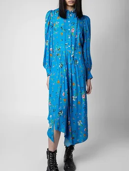 Elbise Kadınlar için 2023 Yeni %100 % Viskon Çiçek Baskı Turn-aşağı Yaka Düzensiz Uzun kollu Gevşek Banliyö Midi Elbise