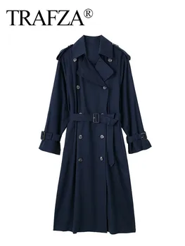 TRAFZA Kadın Yeni Moda Retro Mizaç Uzun Ceketler Kadın Sonbahar Rüzgarlık Şık İnce Kuşaklı Kruvaze Gevşek Ceket