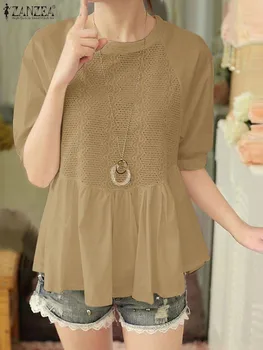 ZANZEA 2023 Yaz Kadın Vintage Gevşek Bluz Kadın Kore Moda Dantel Yarım Kollu Üst Katı Rahat Yuvarlak Boyun Gömlek Blusas