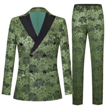 Erkek Yeşil Çiçek Kruvaze Takım Elbise erkek Takım Elbise İki parçalı Set Kruvaze Takım Elbise Seti 2022 Yeni Blazer pantolon seti