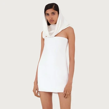 Mizaç zarif tek omuz seksi mini resmi elbiseler 2023 yaz yeni bayanlar beyaz İnce iplik kapşonlu elbise