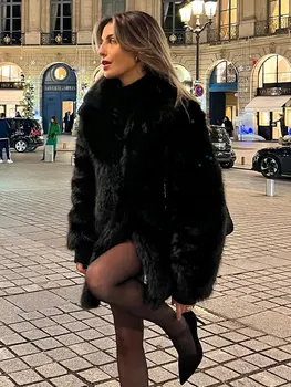 Faux Kürk Sıcak Ceket Kadın Gevşek Yatak Açma Yaka Uzun Kollu Peluş Hırka Ceket Kış Kadın Kalın Sokak Büyük Boy Üst