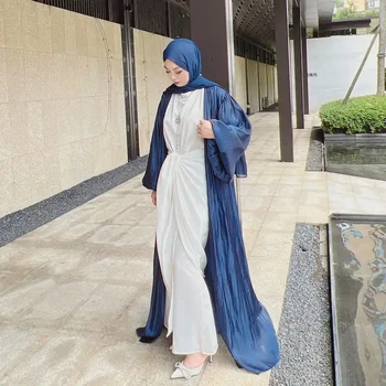 Zarif Saten Parlak Kadınlar Müslüman Açık Abaya Yaz Uzun Maxi Elbise Başörtüsü Türkiye Arap Kaftan İslam Eid Ramazan Dubai Elbise Kaftan