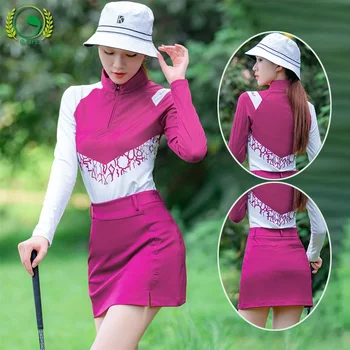G-Life Golf Kadın Giyim Standı Yaka Kontrast Uzun Kollu T-shirt Sonbahar Bahar Golf Bayanlar POLO GÖMLEK İnce Spor A-line Etek