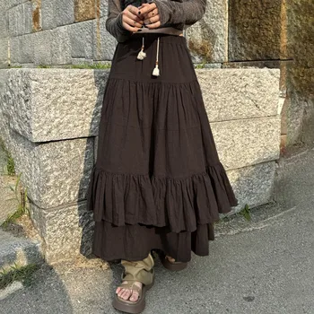 Kadınlar Uzun Etek Grunge Kravat Düz Renk Elastik Bel Katmanlı Etek Vintage Gevşek Fit Dantelli Kek Elbise Streetwear