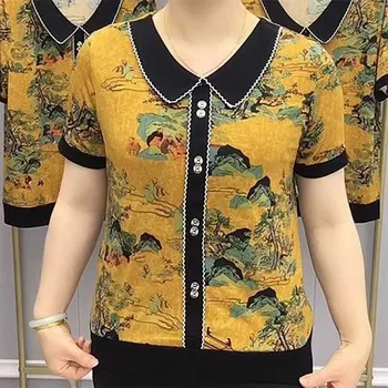 Vintage Baskılı Yaka Eklenmiş Düğme Kısa Kollu Bluzlar kadın Giyim 2024 Bahar Yeni Gevşek Casual Tops Ofis Bayan Gömlek