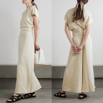 İskandinav rayon keten bel sinek kollu elbise yaz kadın tasarım duygusu üç boyutlu kemer zayıflama uzun
