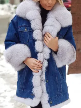 Sıcak kalın denim ceket kadın popüler sonbahar / kış 2023 denim kürk yaka düğmesi cep uzun kollu ceket