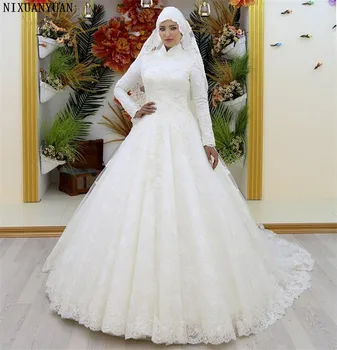 Uzun Kollu Dantel Gelinlik Balo Yüksek Boyun Müslüman Önlük Düğün Lüks Aplikler gelin elbiseleri Suudi Arapça Tasarım