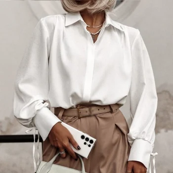 Vintage Uzun Kollu Düğmeli Casual Kadın Bluzlar Blusas Chic Tops Kadın Moda Ofis Giyim Gevşek Temel Tarzı Katı Gömlek